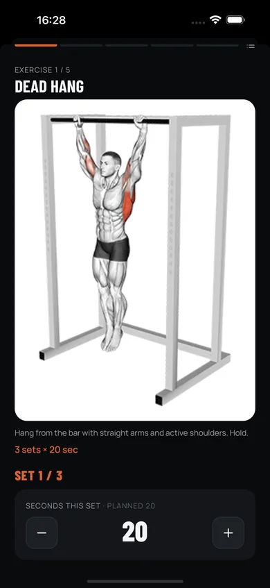 Workout screen for the dead hang with an exercise illustration and set counter.