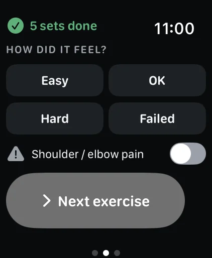 Watch feedback screen: rate the exercise Easy, OK, Hard or Failed and flag pain.