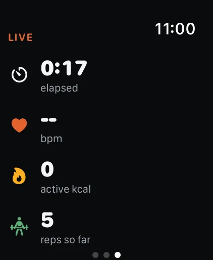 Watch live metrics: elapsed time, heart rate, active calories and reps so far.
