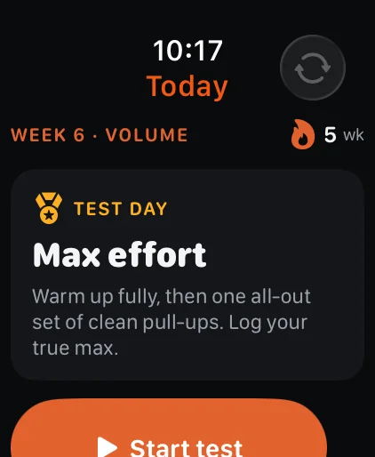 Watch test day screen: max effort set with a Start test button.